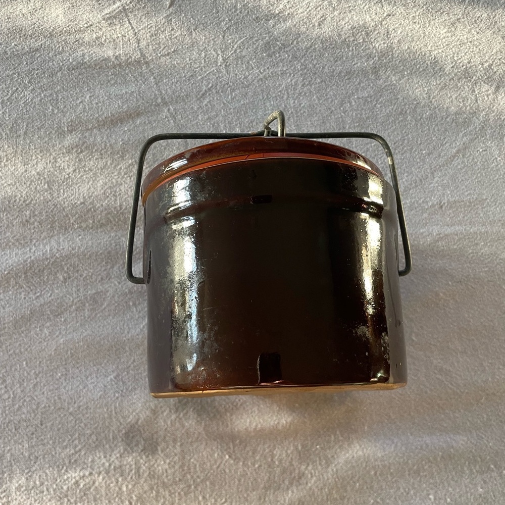 Vintage Brown Glazed Stoneware Crock with Lid & Wire Bale